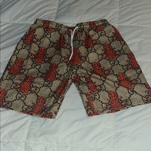 Red Orange and Tan Pineapple Pattern Swim Trunk and Shirt Set